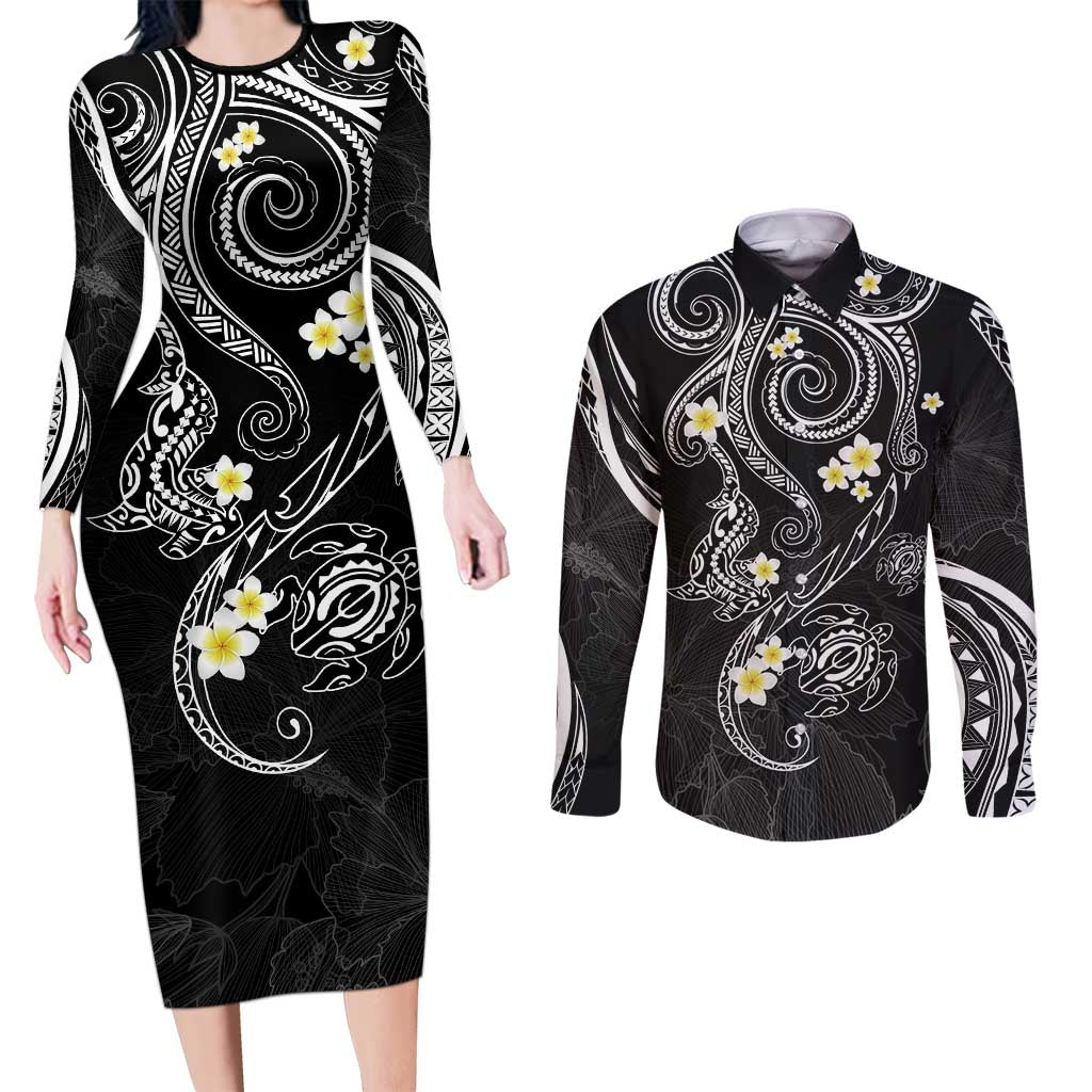 Polynesia Tribal Couples Matching Long Sleeve Bodycon Dress and Long Sleeve Button Shirt Tentacles Plumeria
