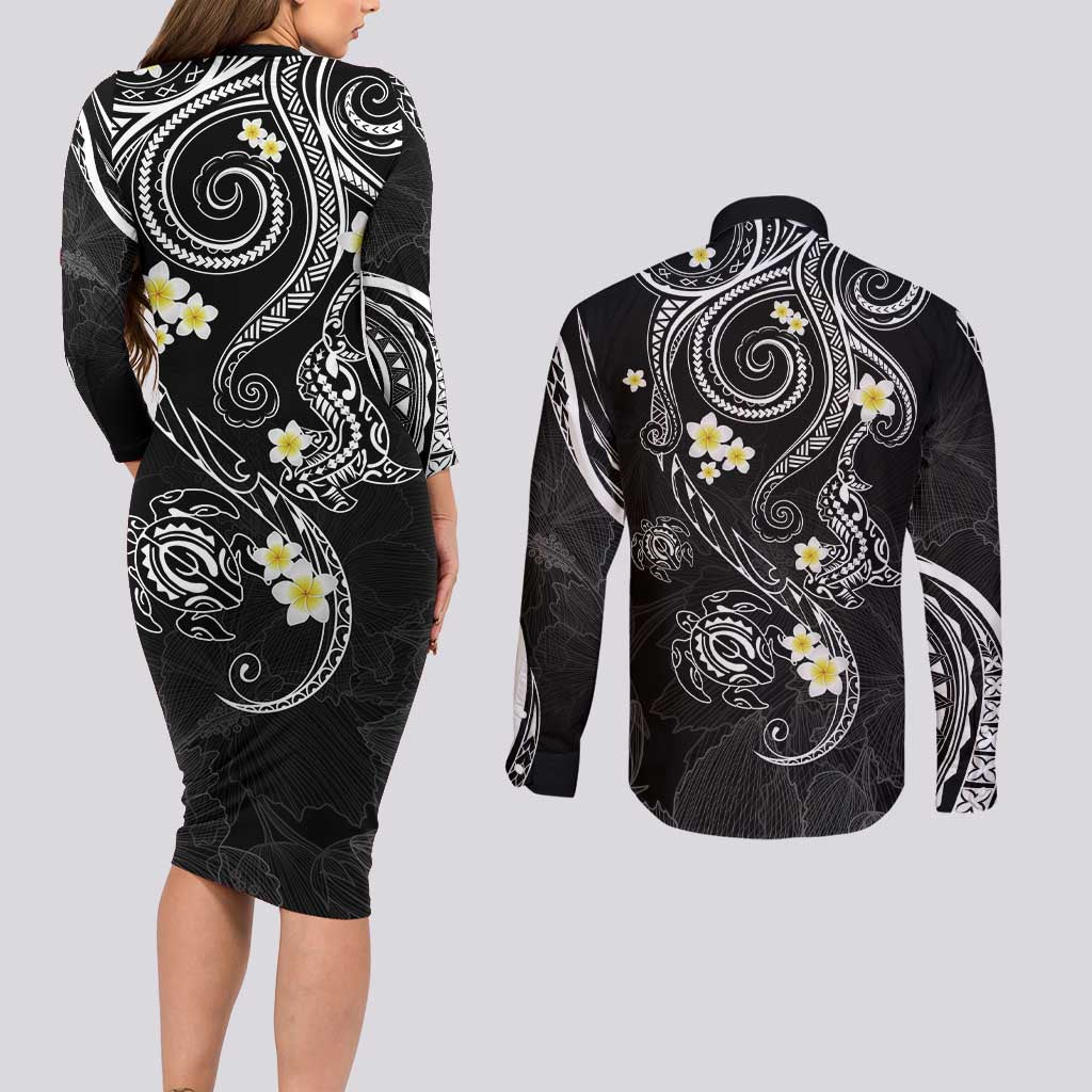 Polynesia Tribal Couples Matching Long Sleeve Bodycon Dress and Long Sleeve Button Shirt Tentacles Plumeria