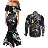 Polynesia Tribal Couples Matching Mermaid Dress and Long Sleeve Button Shirt Tentacles Plumeria