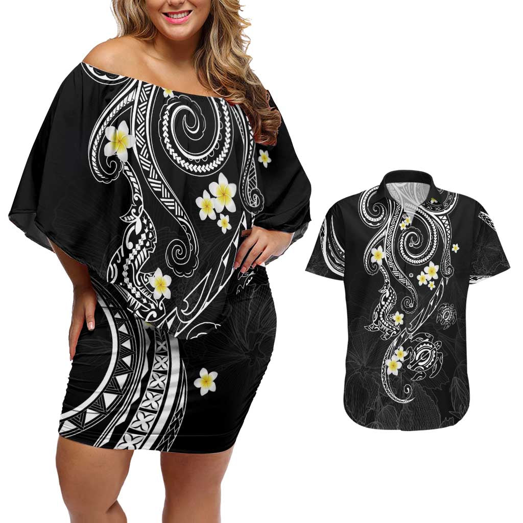Polynesia Tribal Couples Matching Off Shoulder Short Dress and Hawaiian Shirt Tentacles Plumeria