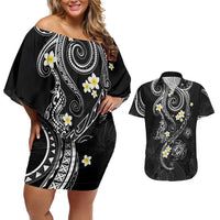 Polynesia Tribal Couples Matching Off Shoulder Short Dress and Hawaiian Shirt Tentacles Plumeria