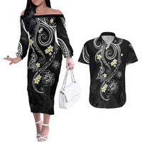 Polynesia Tribal Couples Matching Off The Shoulder Long Sleeve Dress and Hawaiian Shirt Tentacles Plumeria