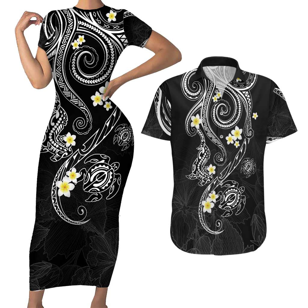 Polynesia Tribal Couples Matching Short Sleeve Bodycon Dress and Hawaiian Shirt Tentacles Plumeria