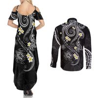 Polynesia Tribal Couples Matching Summer Maxi Dress and Long Sleeve Button Shirt Tentacles Plumeria