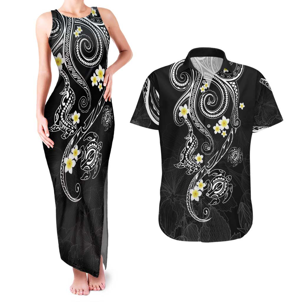 Polynesia Tribal Couples Matching Tank Maxi Dress and Hawaiian Shirt Tentacles Plumeria