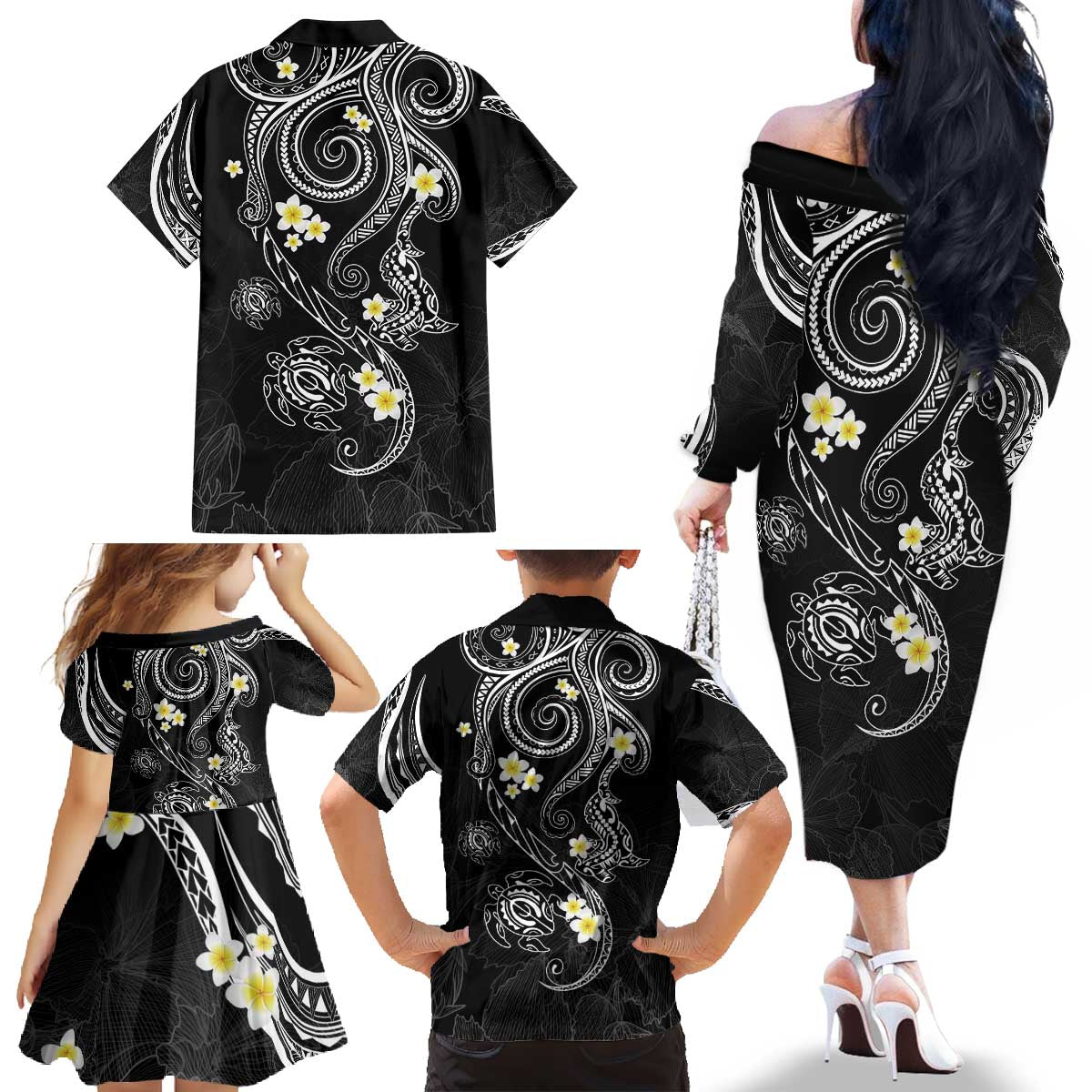 Polynesia Tribal Family Matching Off The Shoulder Long Sleeve Dress and Hawaiian Shirt Tentacles Plumeria