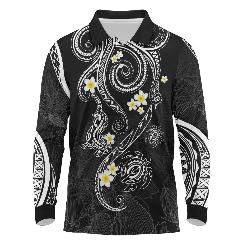 Polynesia Tribal Long Sleeve Polo Shirt Tentacles Plumeria LT7 Black - Polynesian Pride