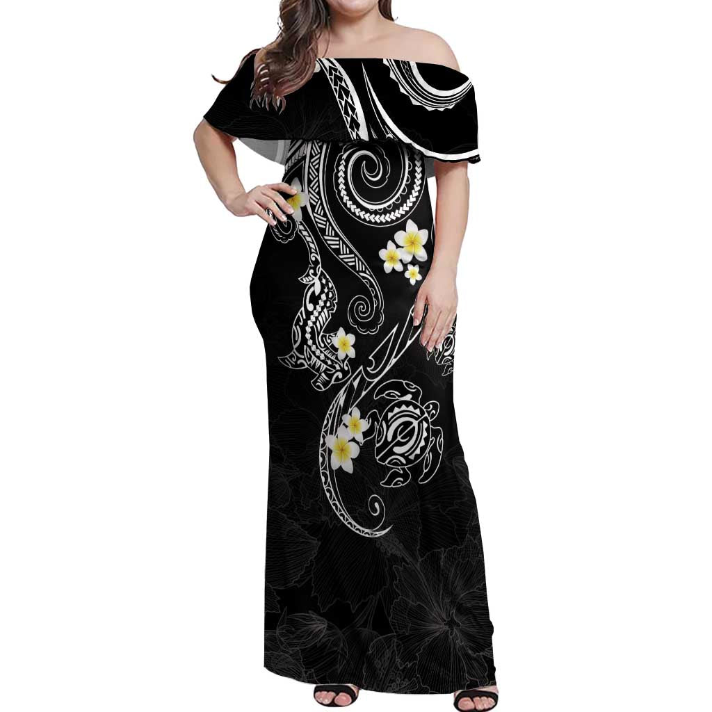 Polynesia Tribal Off Shoulder Maxi Dress Tentacles Plumeria