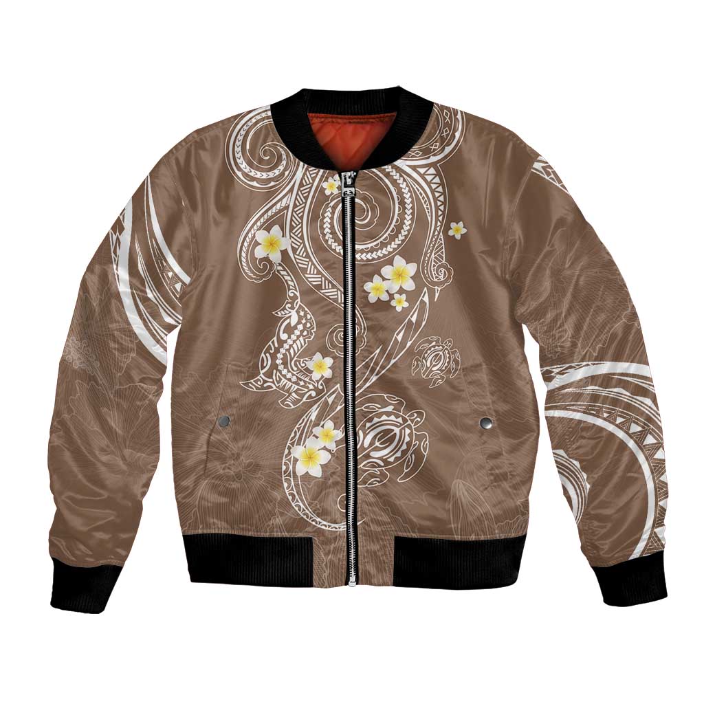 Polynesia Tribal Bomber Jacket Mocha Plumeria Tentacles LT7 Unisex Mocha - Polynesian Pride
