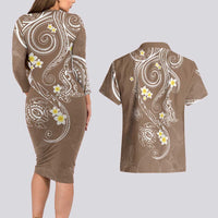 Polynesia Tribal Couples Matching Long Sleeve Bodycon Dress and Hawaiian Shirt Mocha Plumeria Tentacles