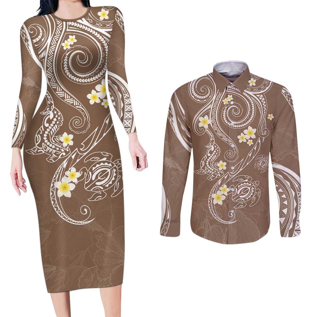 Polynesia Tribal Couples Matching Long Sleeve Bodycon Dress and Long Sleeve Button Shirt Mocha Plumeria Tentacles