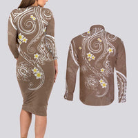 Polynesia Tribal Couples Matching Long Sleeve Bodycon Dress and Long Sleeve Button Shirt Mocha Plumeria Tentacles