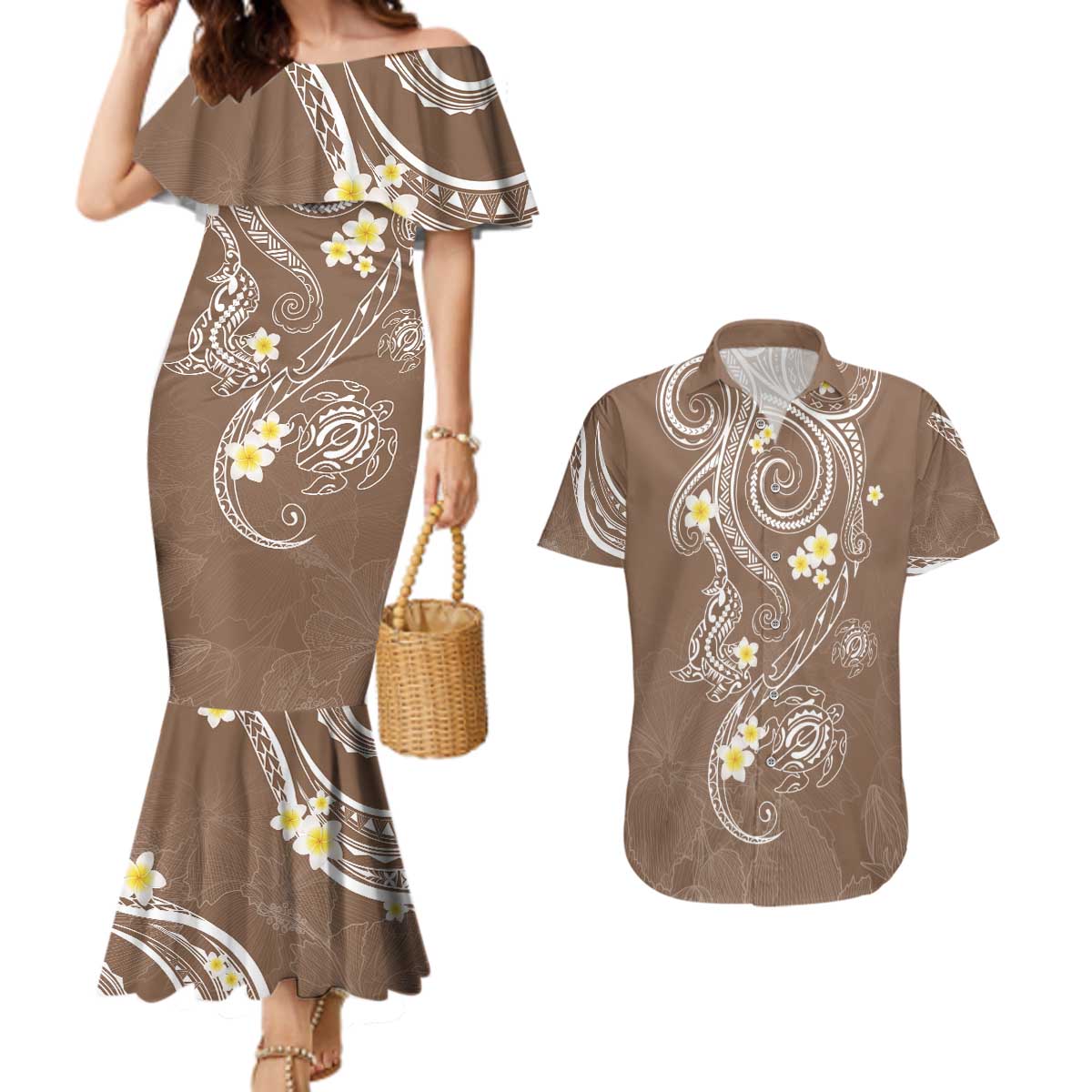 Polynesia Tribal Couples Matching Mermaid Dress and Hawaiian Shirt Mocha Plumeria Tentacles