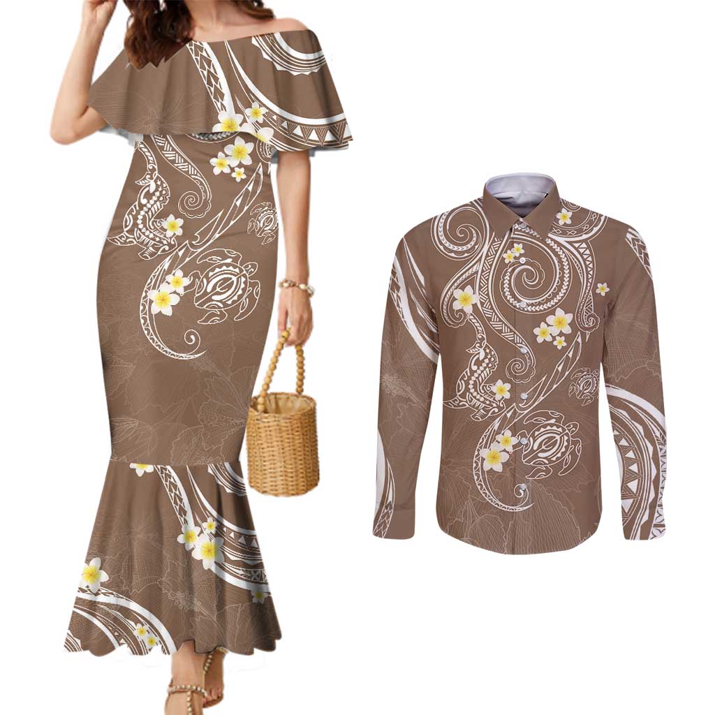 Polynesia Tribal Couples Matching Mermaid Dress and Long Sleeve Button Shirt Mocha Plumeria Tentacles