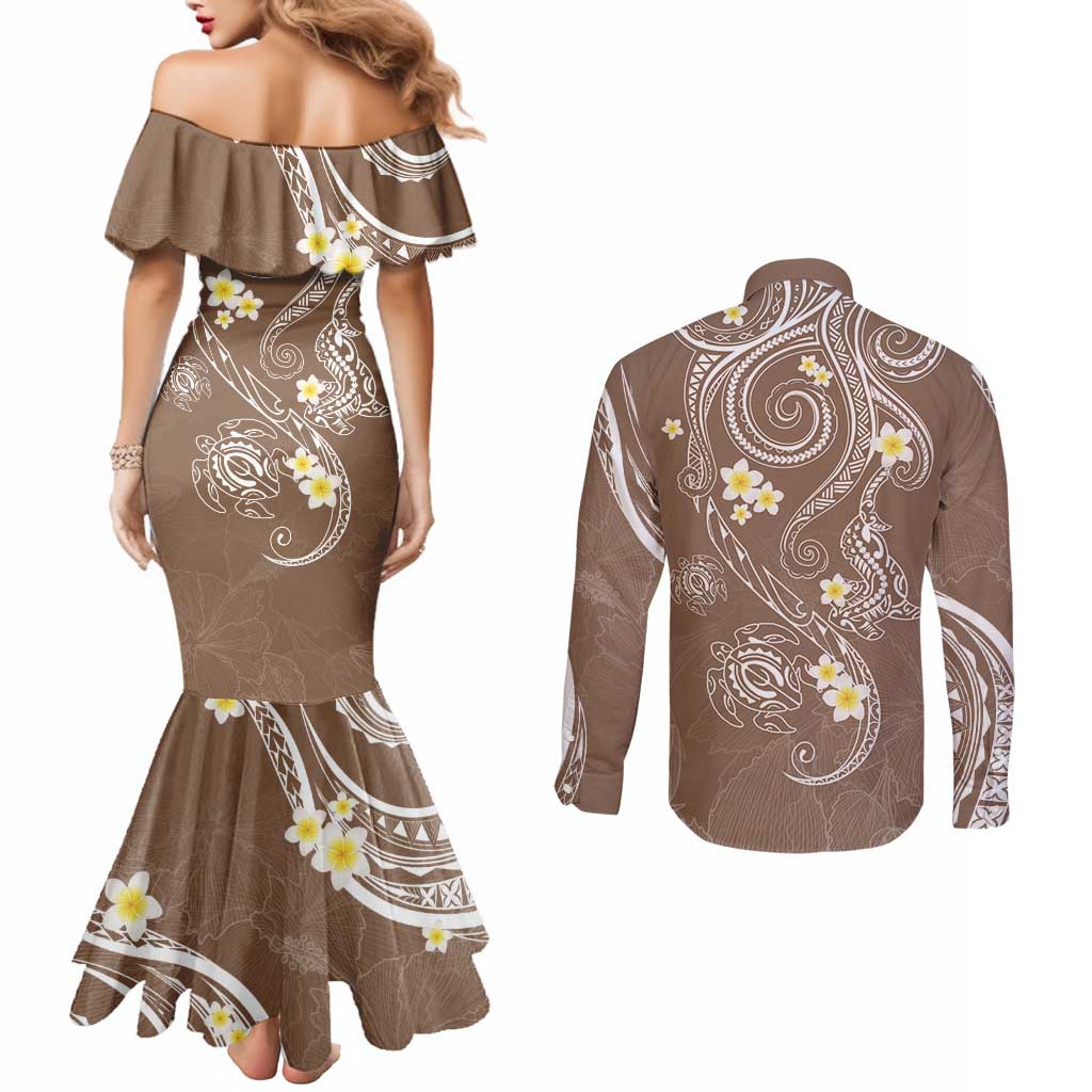 Polynesia Tribal Couples Matching Mermaid Dress and Long Sleeve Button Shirt Mocha Plumeria Tentacles