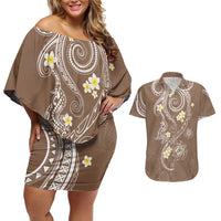 Polynesia Tribal Couples Matching Off Shoulder Short Dress and Hawaiian Shirt Mocha Plumeria Tentacles