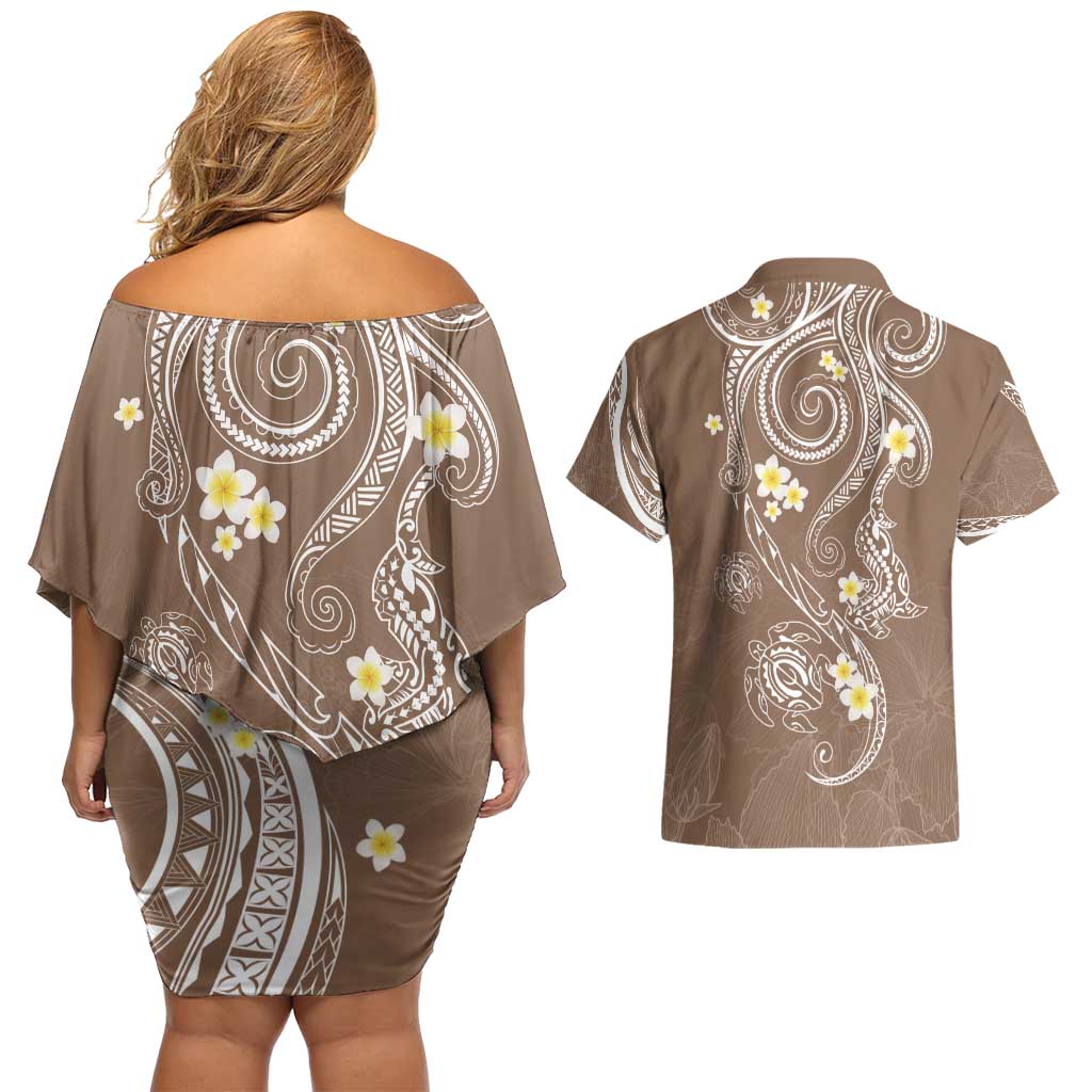 Polynesia Tribal Couples Matching Off Shoulder Short Dress and Hawaiian Shirt Mocha Plumeria Tentacles
