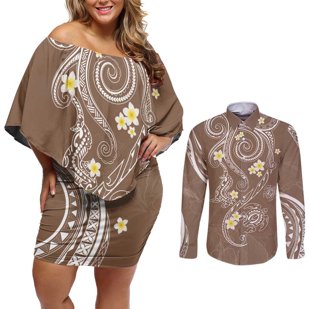 Polynesia Tribal Couples Matching Off Shoulder Short Dress and Long Sleeve Button Shirt Mocha Plumeria Tentacles