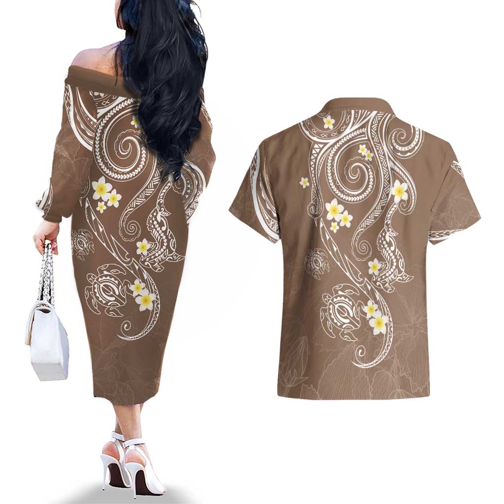 Polynesia Tribal Couples Matching Off The Shoulder Long Sleeve Dress and Hawaiian Shirt Mocha Plumeria Tentacles