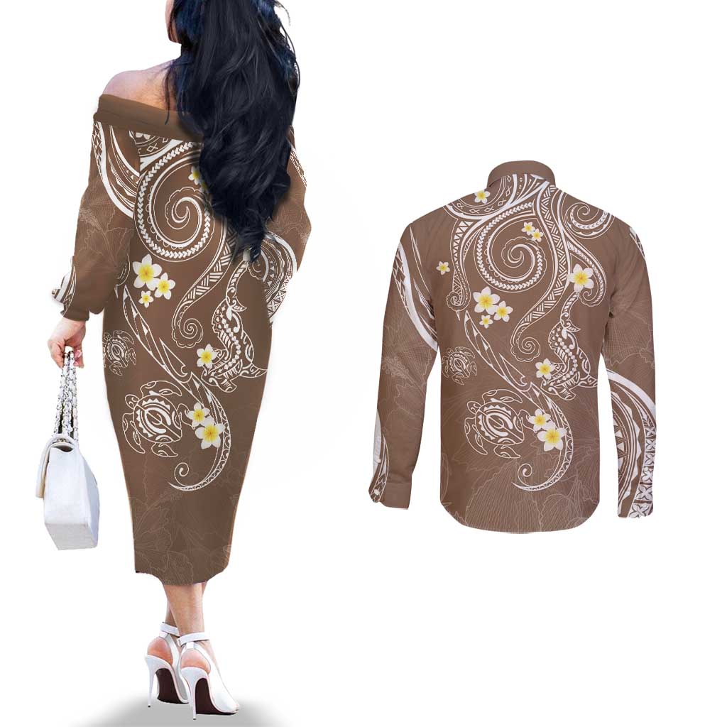 Polynesia Tribal Couples Matching Off The Shoulder Long Sleeve Dress and Long Sleeve Button Shirt Mocha Plumeria Tentacles LT7 - Polynesian Pride