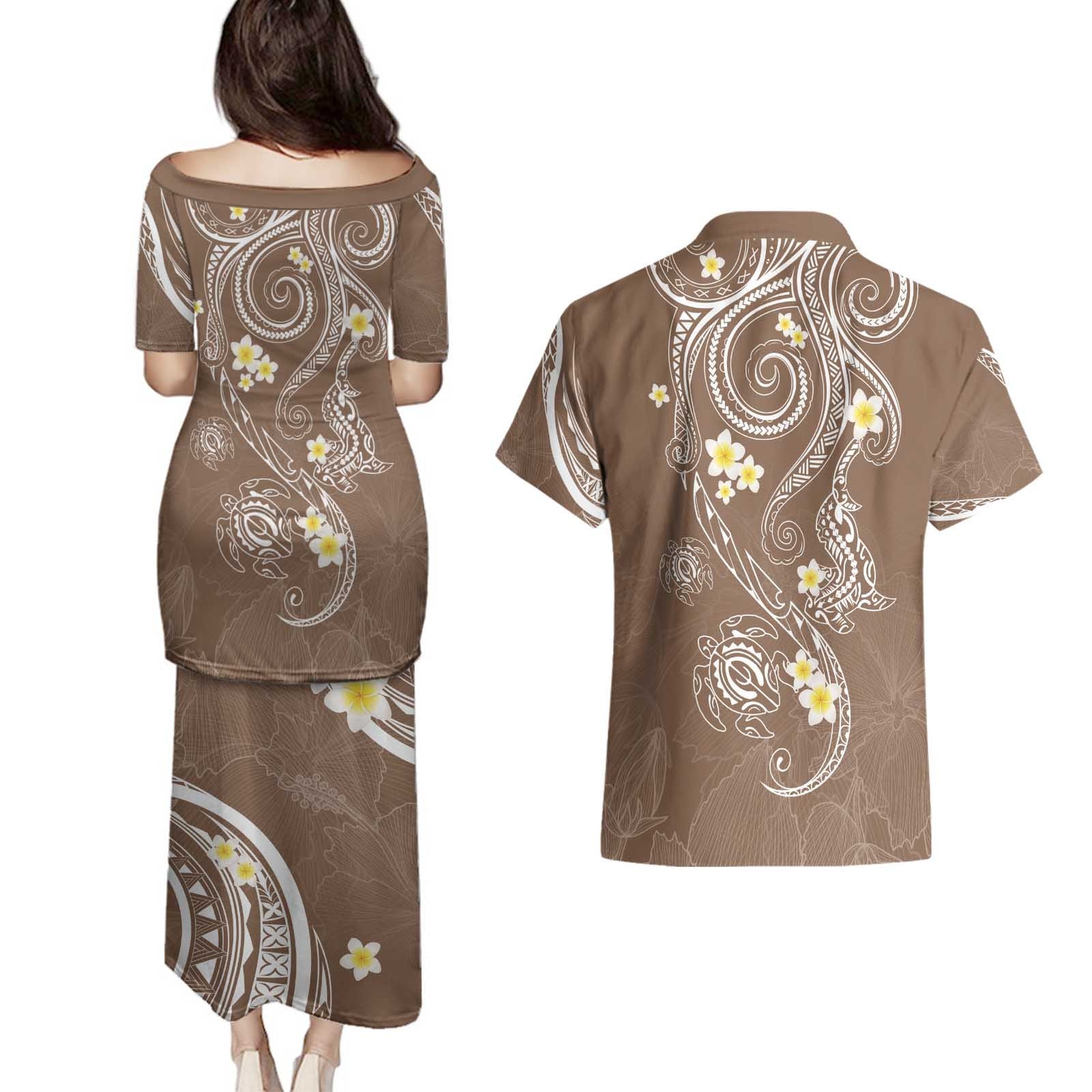 Polynesia Tribal Couples Matching Puletasi and Hawaiian Shirt Mocha Plumeria Tentacles