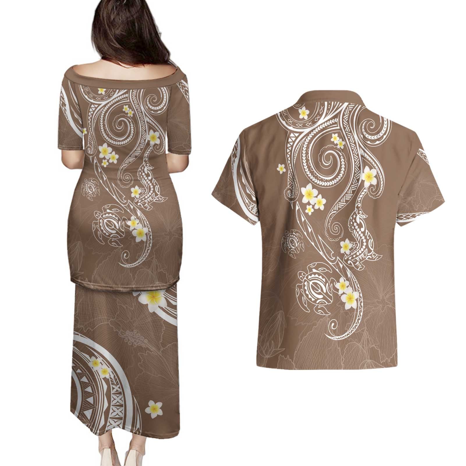 Polynesia Tribal Couples Matching Puletasi and Hawaiian Shirt Mocha Plumeria Tentacles