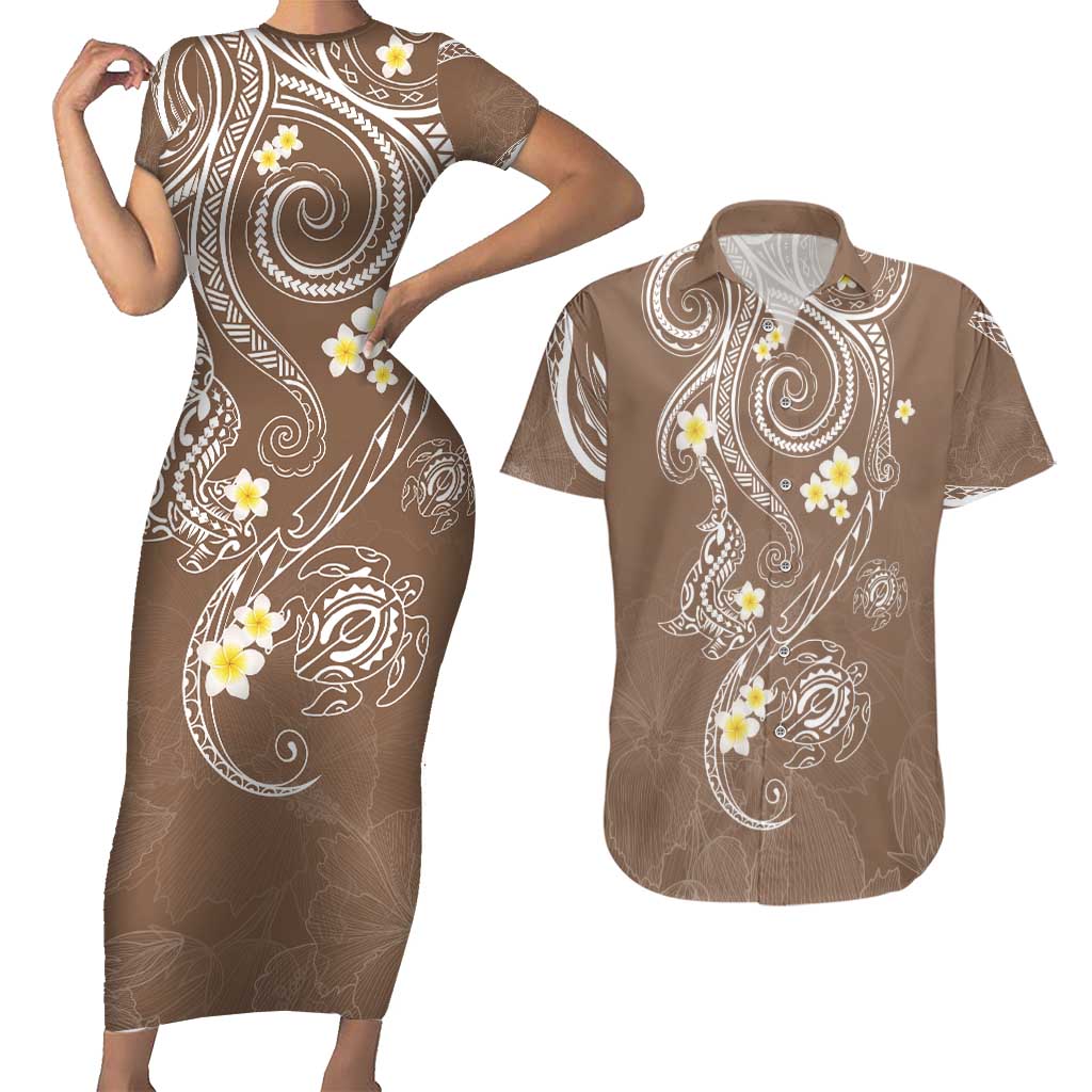 Polynesia Tribal Couples Matching Short Sleeve Bodycon Dress and Hawaiian Shirt Mocha Plumeria Tentacles