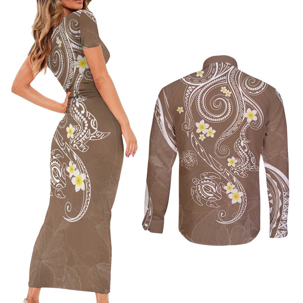 Polynesia Tribal Couples Matching Short Sleeve Bodycon Dress and Long Sleeve Button Shirt Mocha Plumeria Tentacles