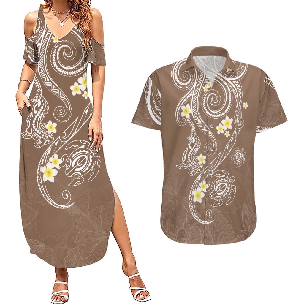 Polynesia Tribal Couples Matching Summer Maxi Dress and Hawaiian Shirt Mocha Plumeria Tentacles