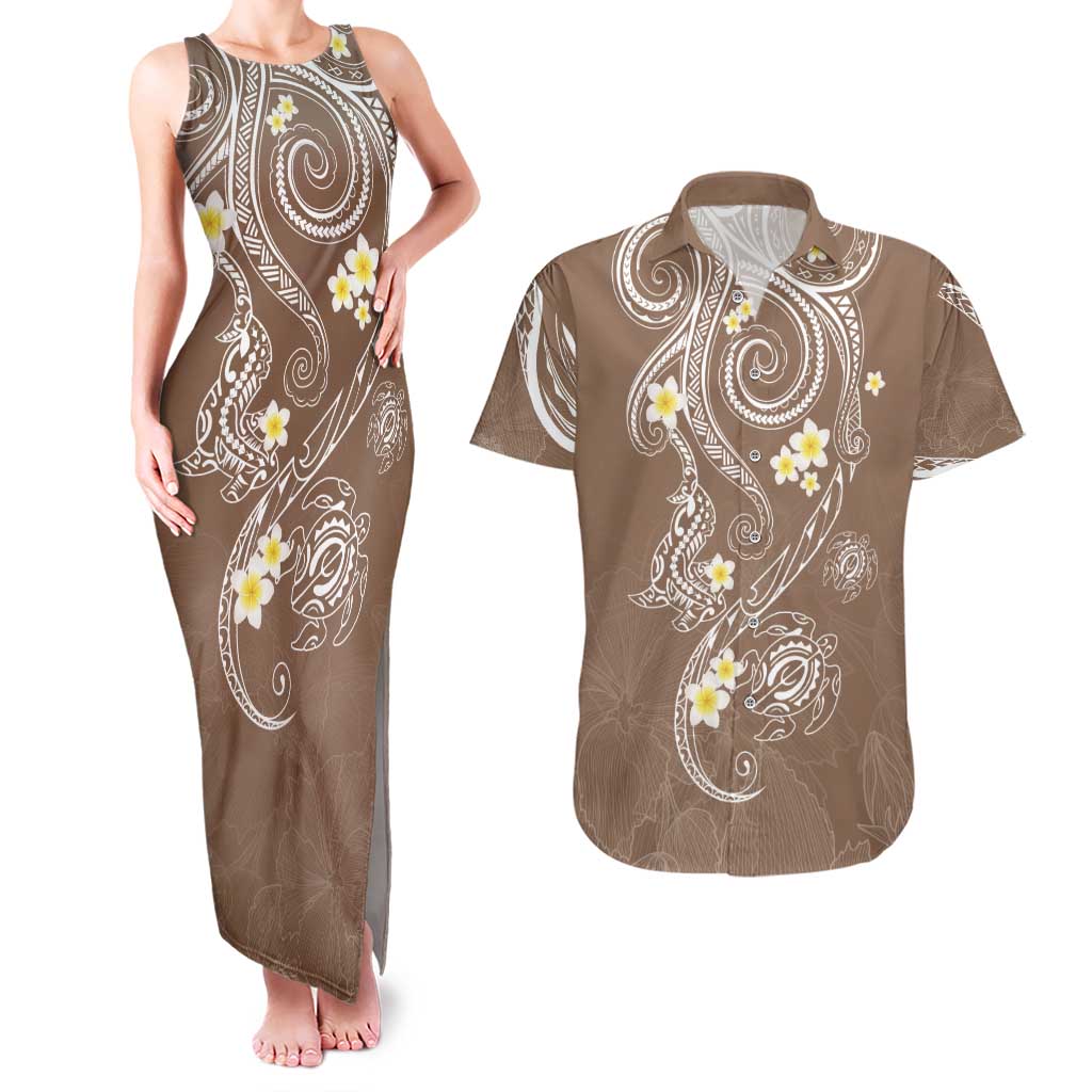 Polynesia Tribal Couples Matching Tank Maxi Dress and Hawaiian Shirt Mocha Plumeria Tentacles