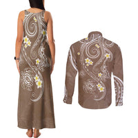 Polynesia Tribal Couples Matching Tank Maxi Dress and Long Sleeve Button Shirt Mocha Plumeria Tentacles