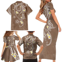 Polynesia Tribal Family Matching Short Sleeve Bodycon Dress and Hawaiian Shirt Mocha Plumeria Tentacles