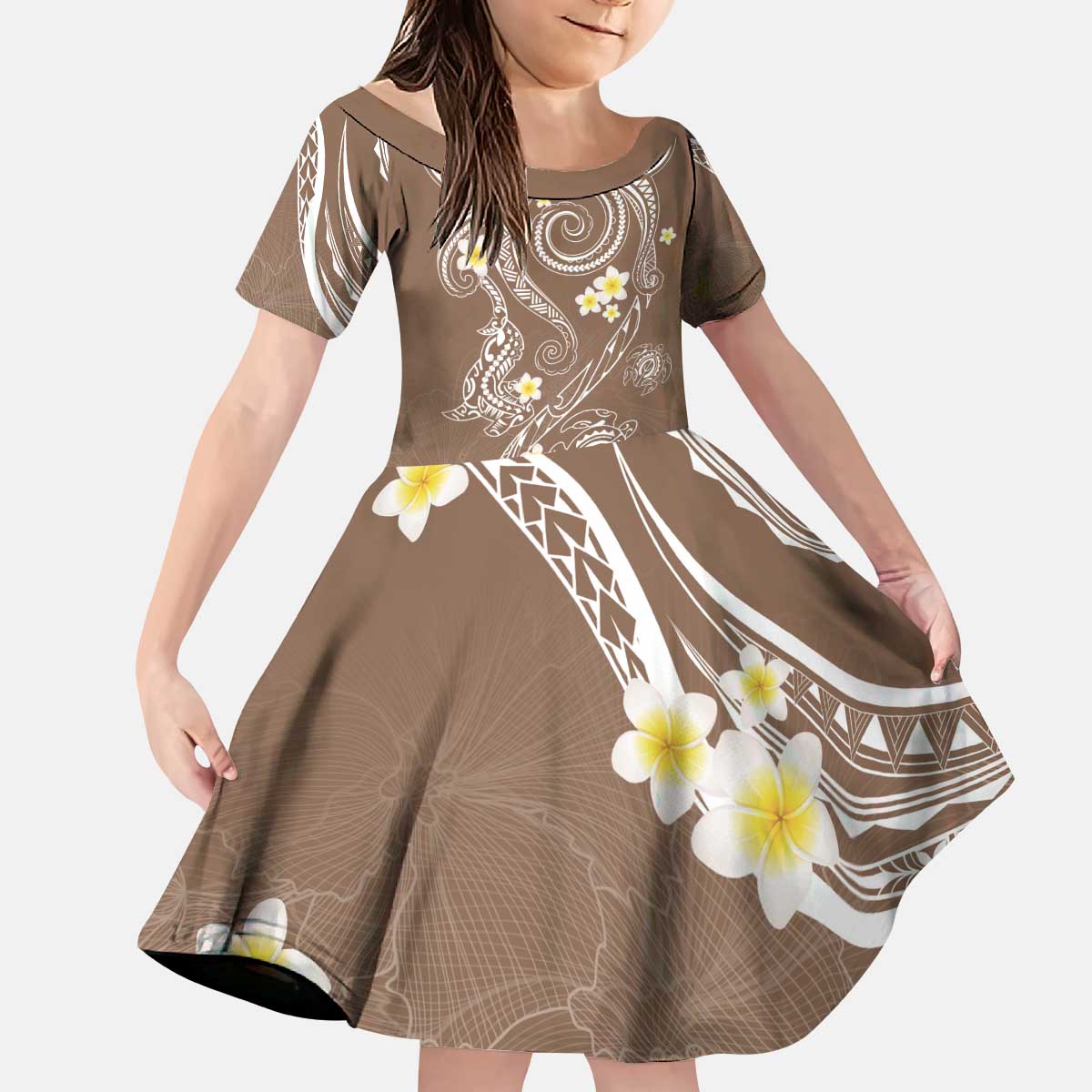 Polynesia Tribal Kid Short Sleeve Dress Mocha Plumeria Tentacles