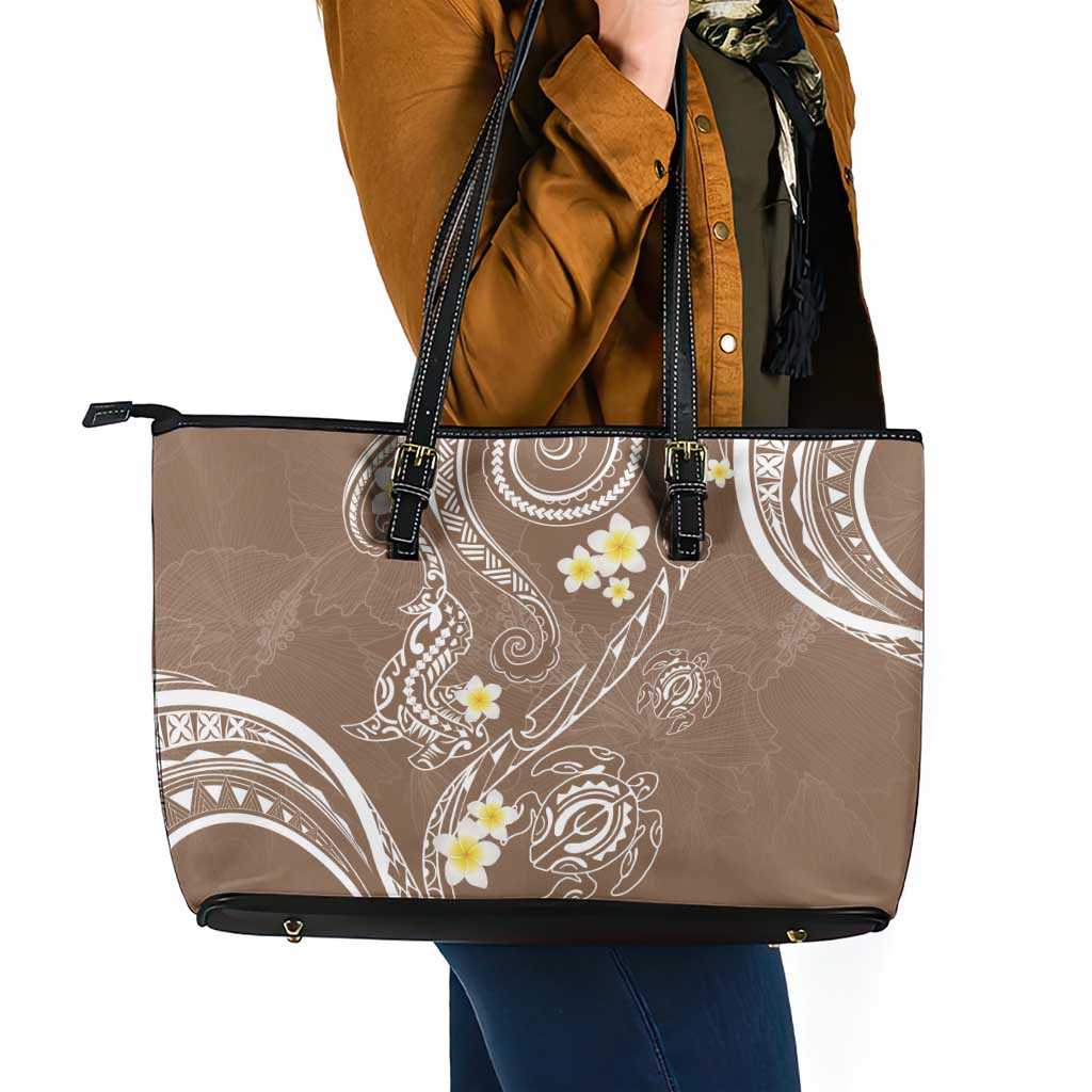 Polynesia Tribal Leather Tote Bag Mocha Plumeria Tentacles