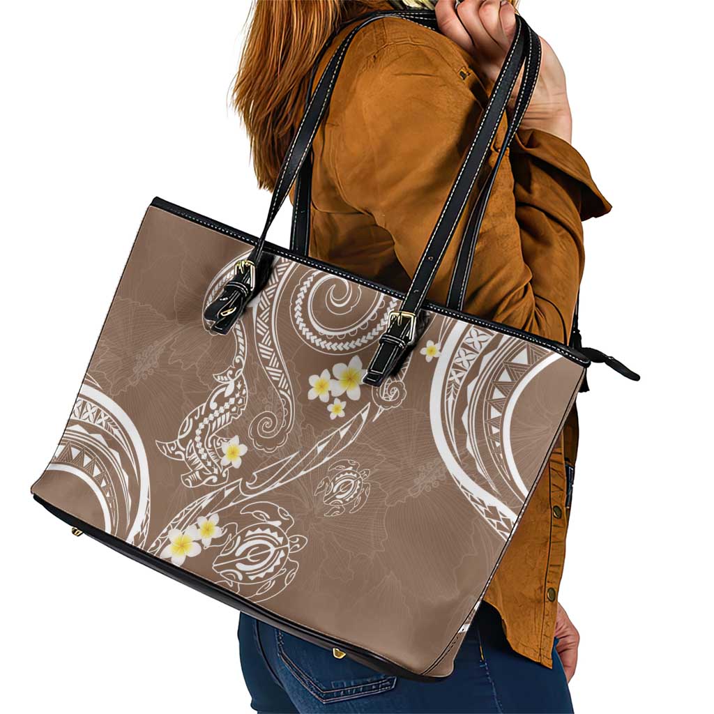Polynesia Tribal Leather Tote Bag Mocha Plumeria Tentacles