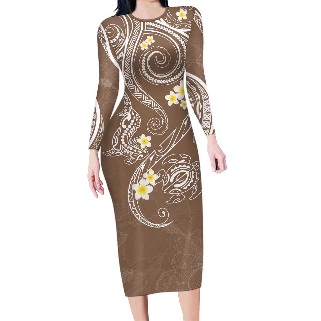 Polynesia Tribal Long Sleeve Bodycon Dress Mocha Plumeria Tentacles