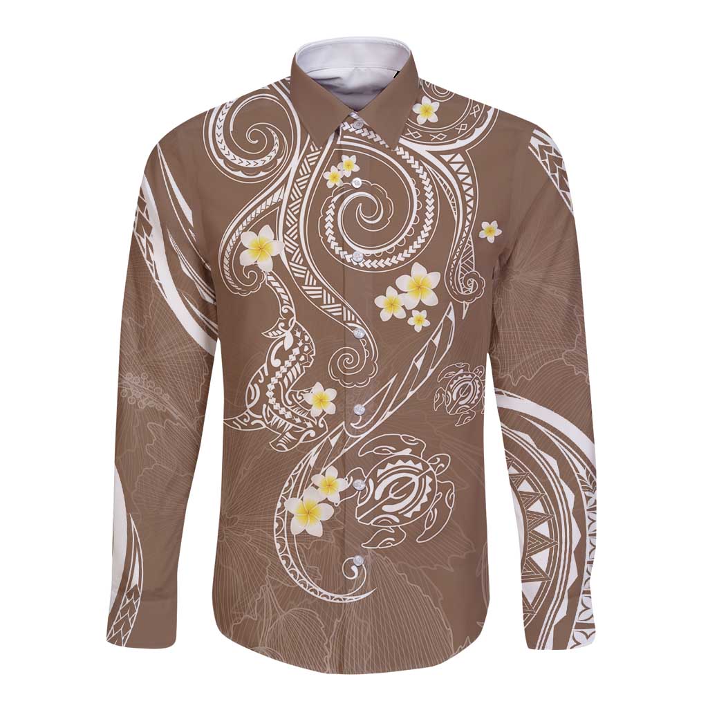 Polynesia Tribal Long Sleeve Button Shirt Mocha Plumeria Tentacles