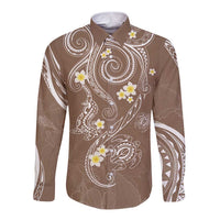 Polynesia Tribal Long Sleeve Button Shirt Mocha Plumeria Tentacles