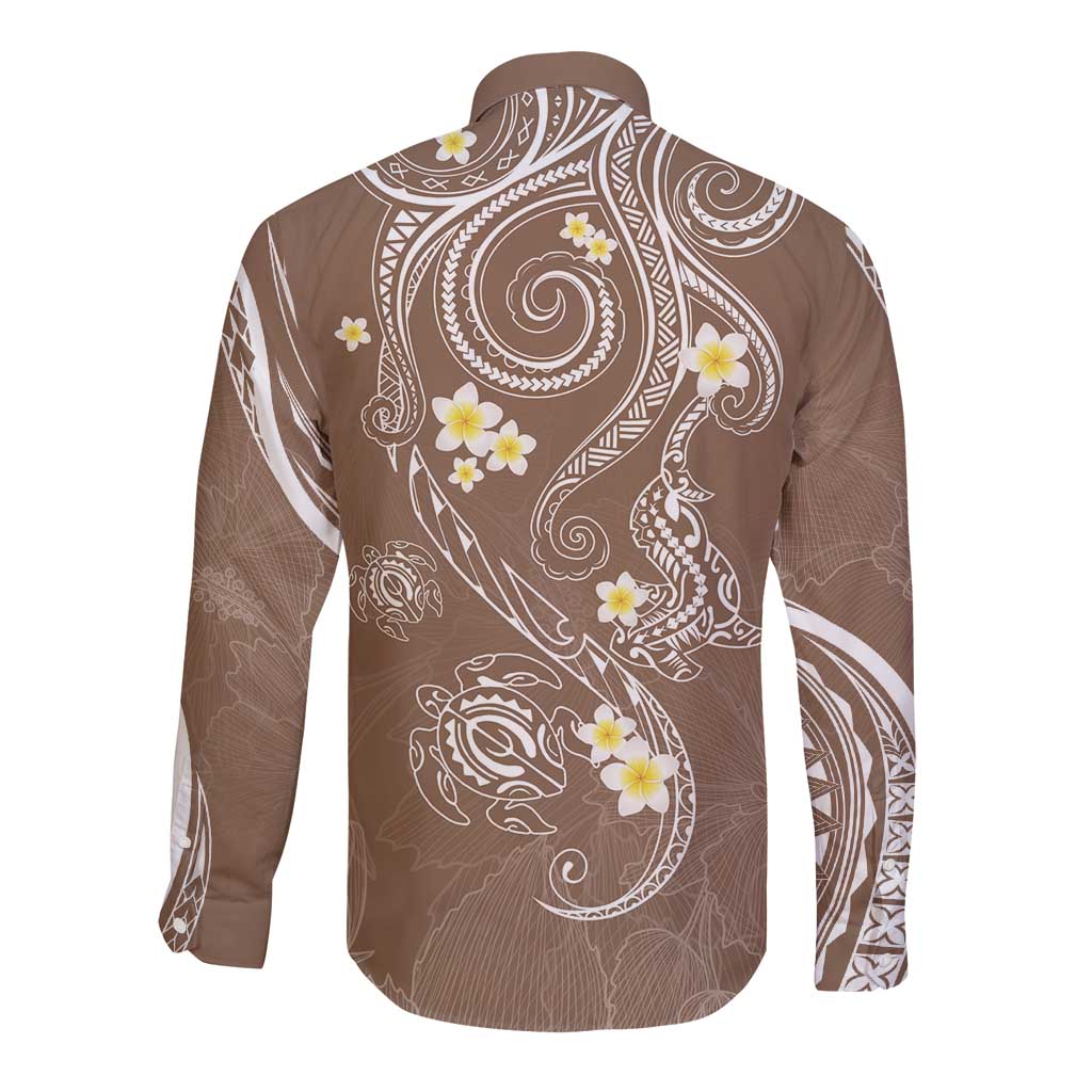 Polynesia Tribal Long Sleeve Button Shirt Mocha Plumeria Tentacles