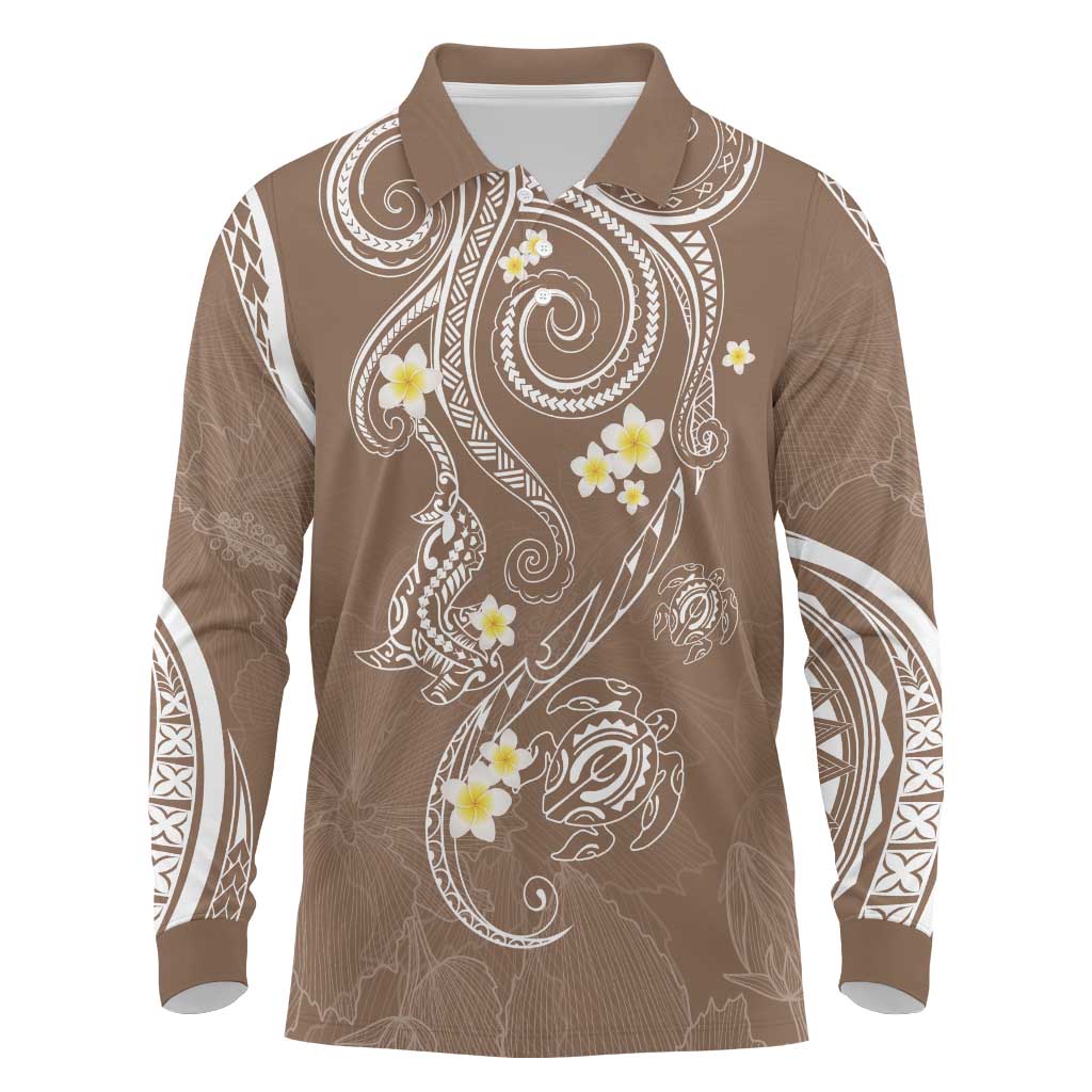 Polynesia Tribal Long Sleeve Polo Shirt Mocha Plumeria Tentacles LT7 Mocha - Polynesian Pride