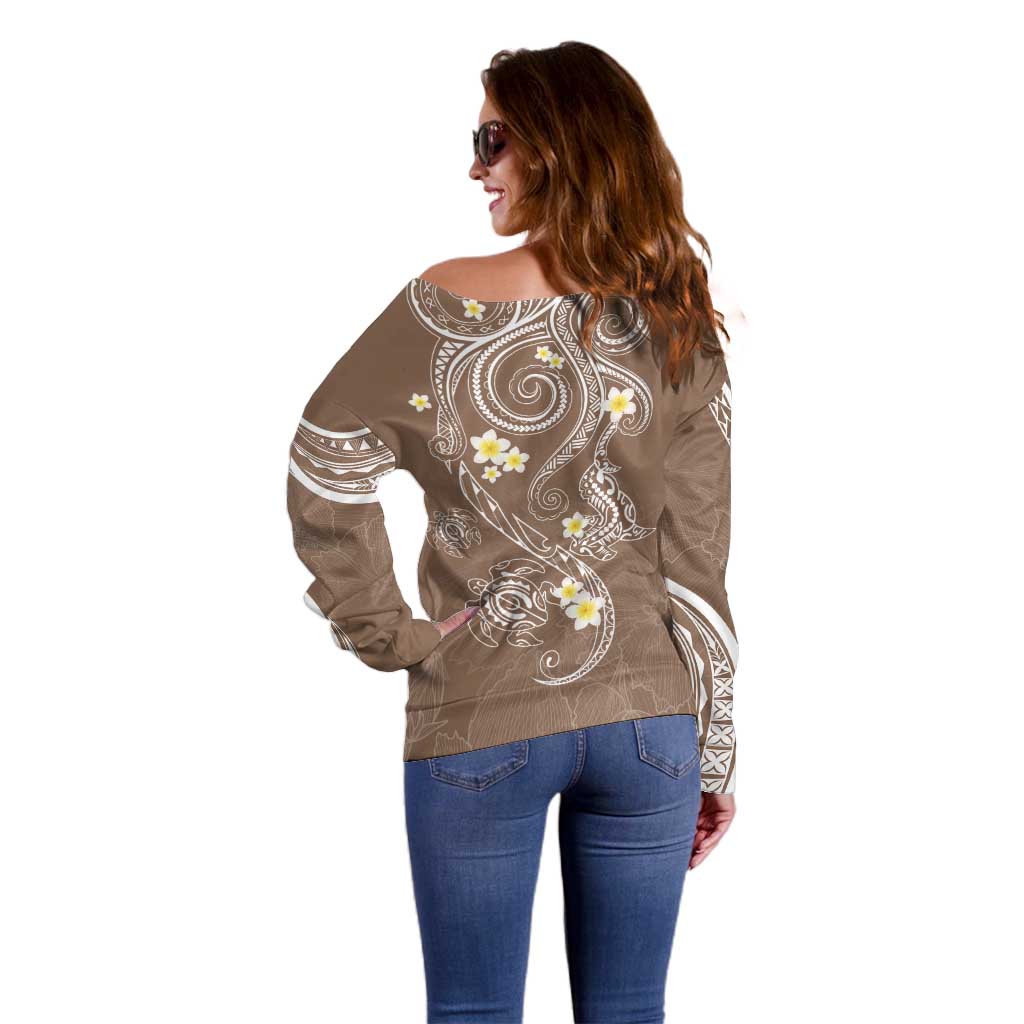 Polynesia Tribal Off Shoulder Sweater Mocha Plumeria Tentacles