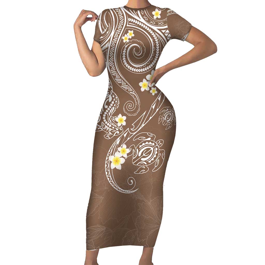 Polynesia Tribal Short Sleeve Bodycon Dress Mocha Plumeria Tentacles