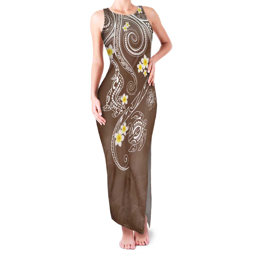 Polynesia Tribal Tank Maxi Dress Mocha Plumeria Tentacles