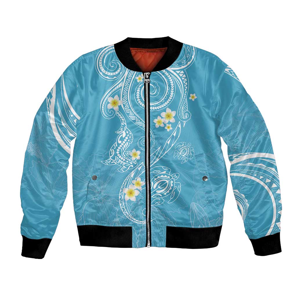 Polynesia Tribal Bomber Jacket Turquoise Plumeria Tentacles LT7 Unisex Turquoise - Polynesian Pride