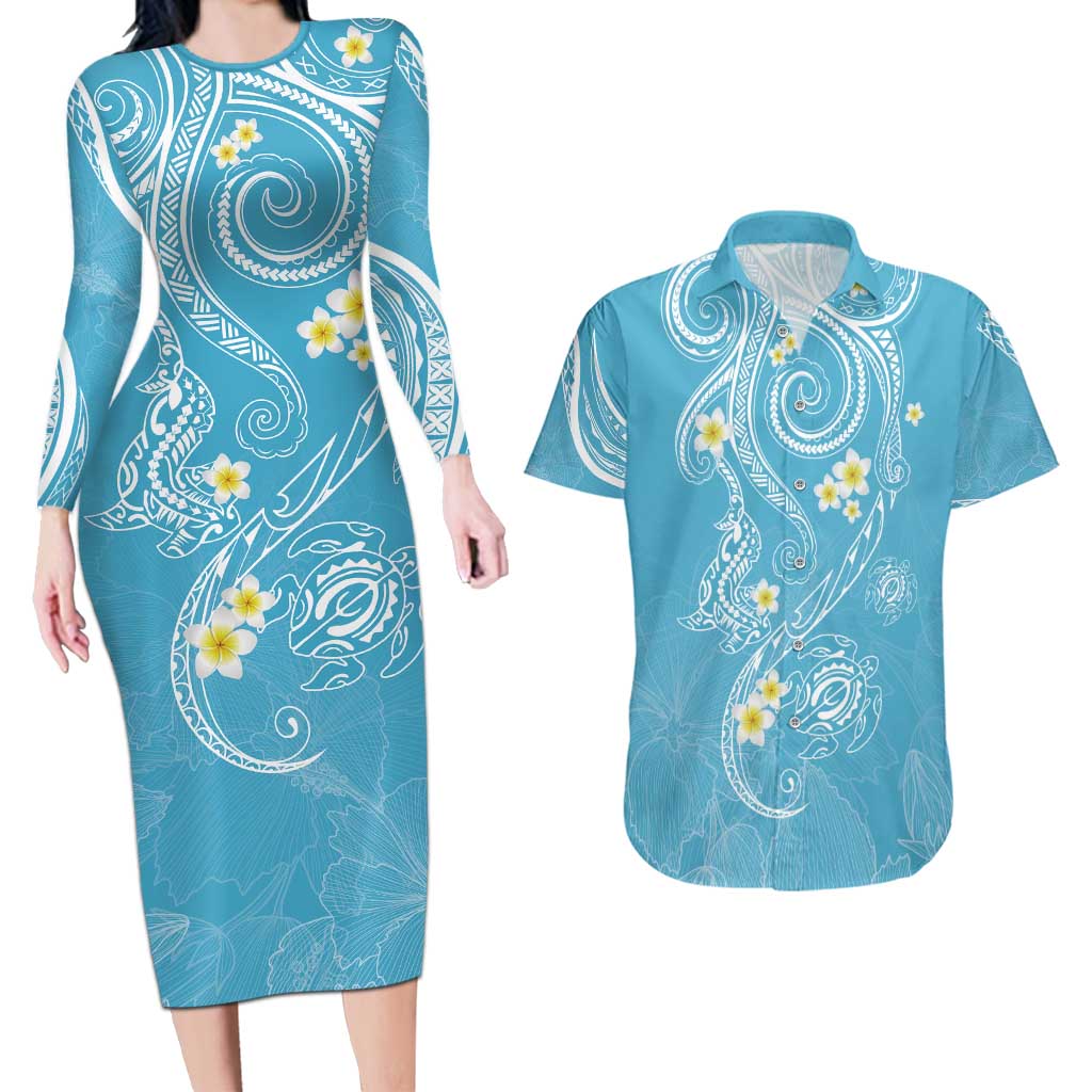 Polynesia Tribal Couples Matching Long Sleeve Bodycon Dress and Hawaiian Shirt Turquoise Plumeria Tentacles