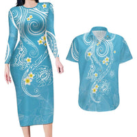 Polynesia Tribal Couples Matching Long Sleeve Bodycon Dress and Hawaiian Shirt Turquoise Plumeria Tentacles