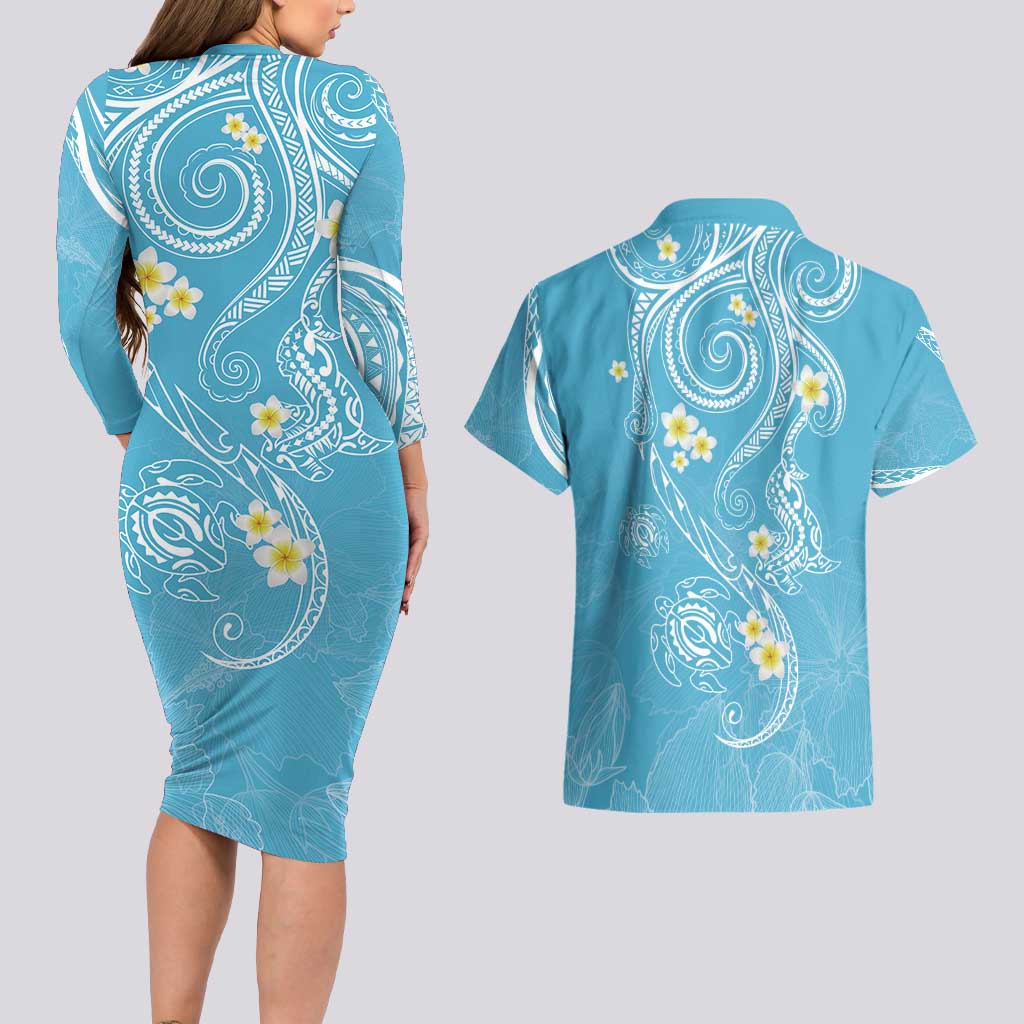 Polynesia Tribal Couples Matching Long Sleeve Bodycon Dress and Hawaiian Shirt Turquoise Plumeria Tentacles