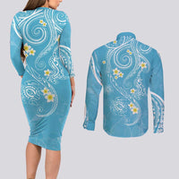 Polynesia Tribal Couples Matching Long Sleeve Bodycon Dress and Long Sleeve Button Shirt Turquoise Plumeria Tentacles