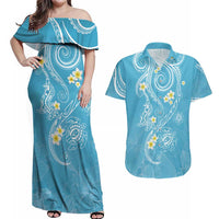 Polynesia Tribal Couples Matching Off Shoulder Maxi Dress and Hawaiian Shirt Turquoise Plumeria Tentacles