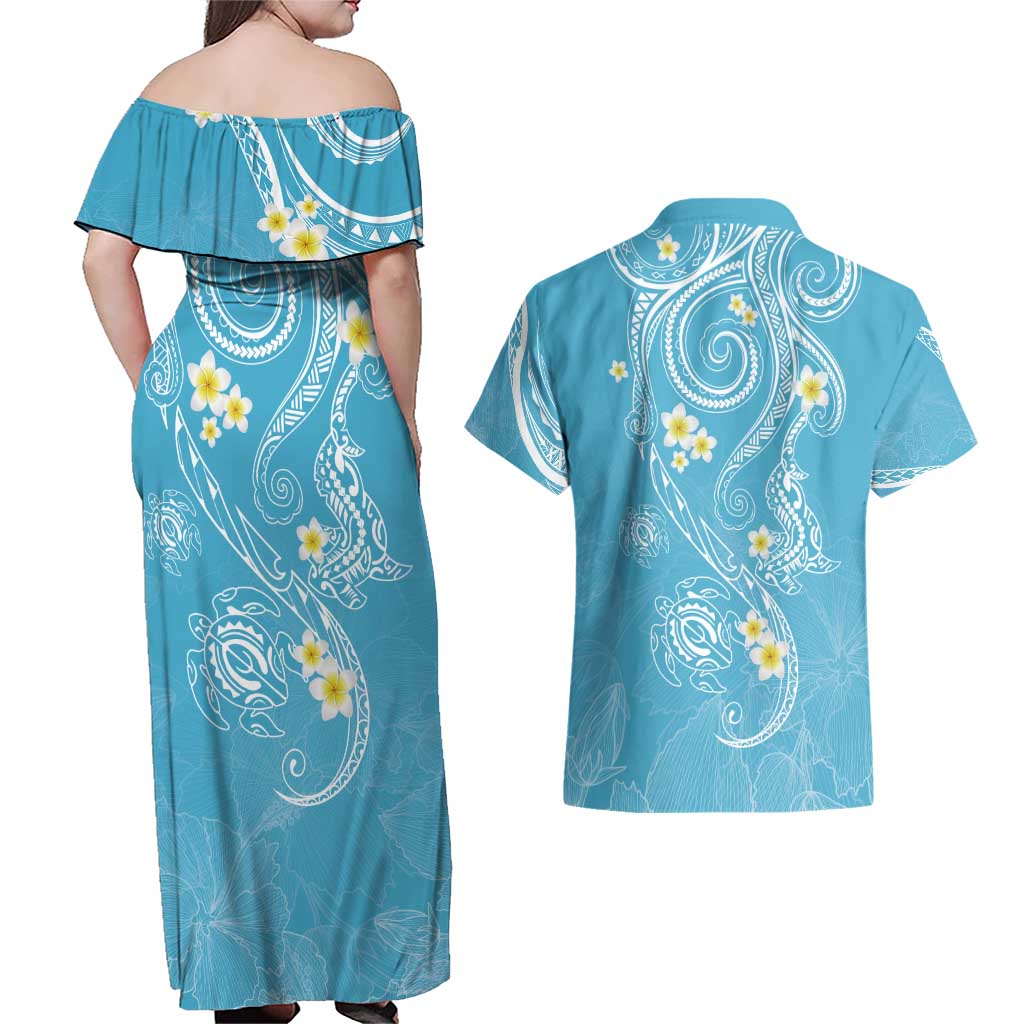 Polynesia Tribal Couples Matching Off Shoulder Maxi Dress and Hawaiian Shirt Turquoise Plumeria Tentacles